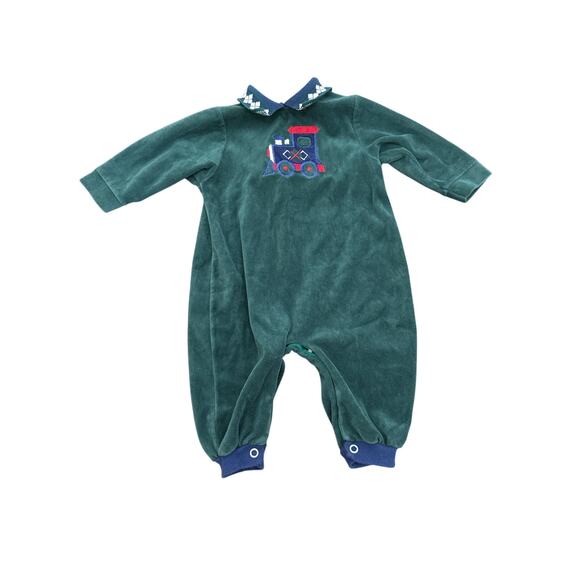 Vintage Healthtex Baby Boy Size 6-9 Months Green One Piece w/ Train Velvet-Like - Picture 1 of 3